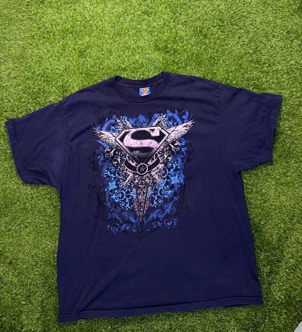 Y2K Superman Graphic T-Shirt Navy Blue Y2K Winged Crest Logo Size L